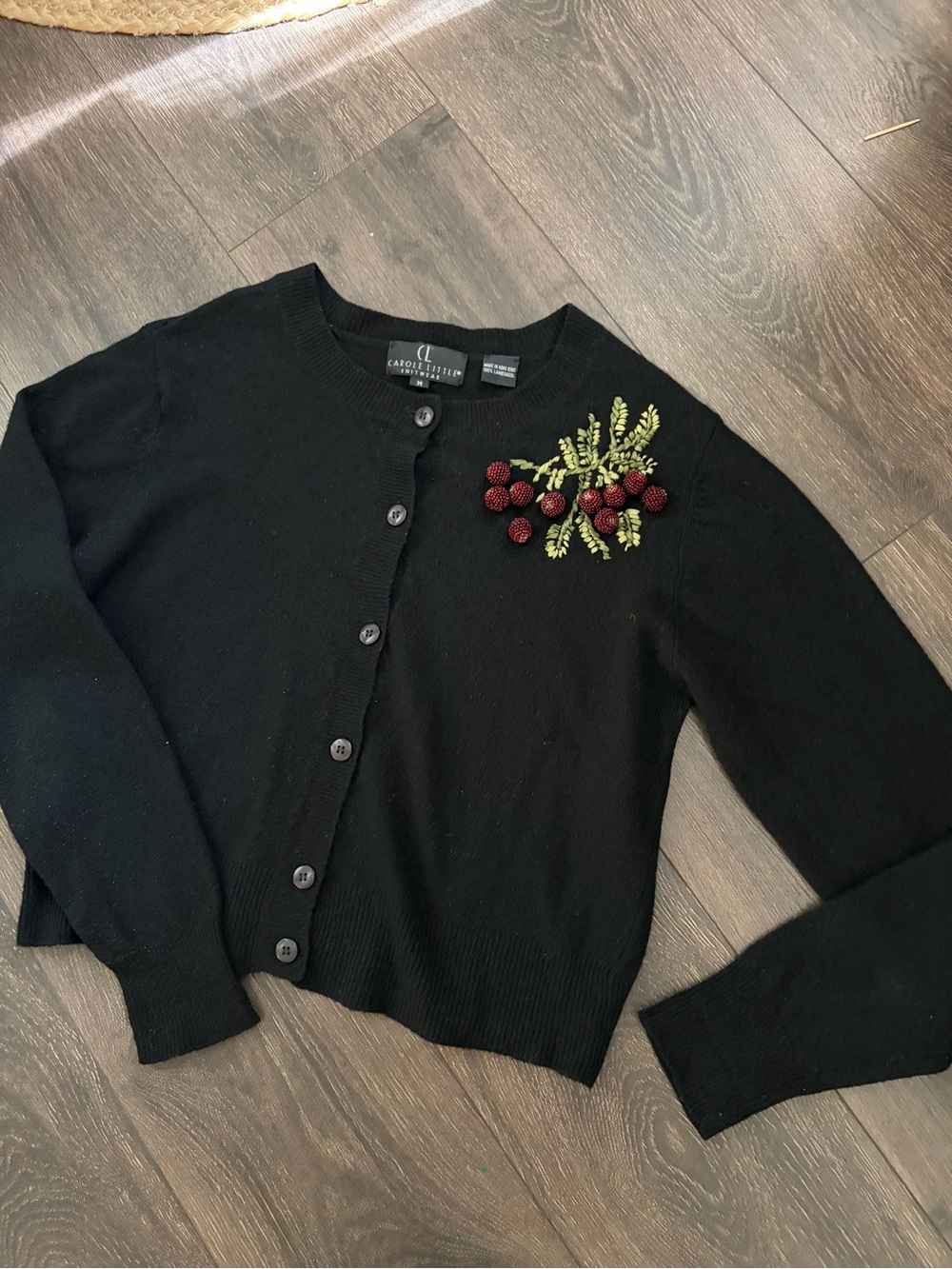 CAROLE LITTLE 100 % Lambs Wool Black Sweater 3D Grapes on Vine Women Med